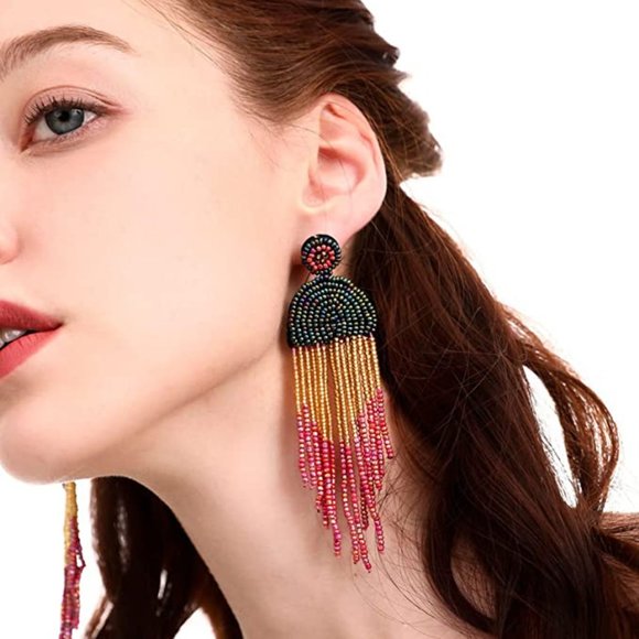 Free People ⭐️ Long Beaded Tassel Earrings - Picture 4 of 4